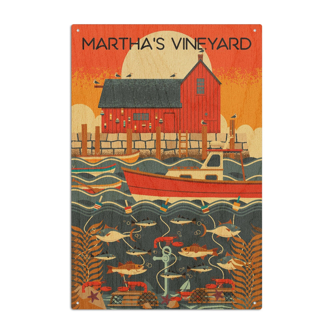 Martha's Vineyard, Massachusetts, Nautical Geometric, Lantern Press Artwork, Wood Signs and Postcards Wood Lantern Press 10 x 15 Wood Sign 