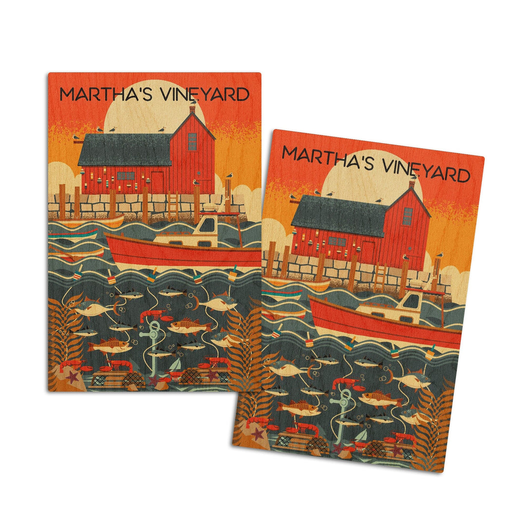 Martha's Vineyard, Massachusetts, Nautical Geometric, Lantern Press Artwork, Wood Signs and Postcards Wood Lantern Press 4x6 Wood Postcard Set 