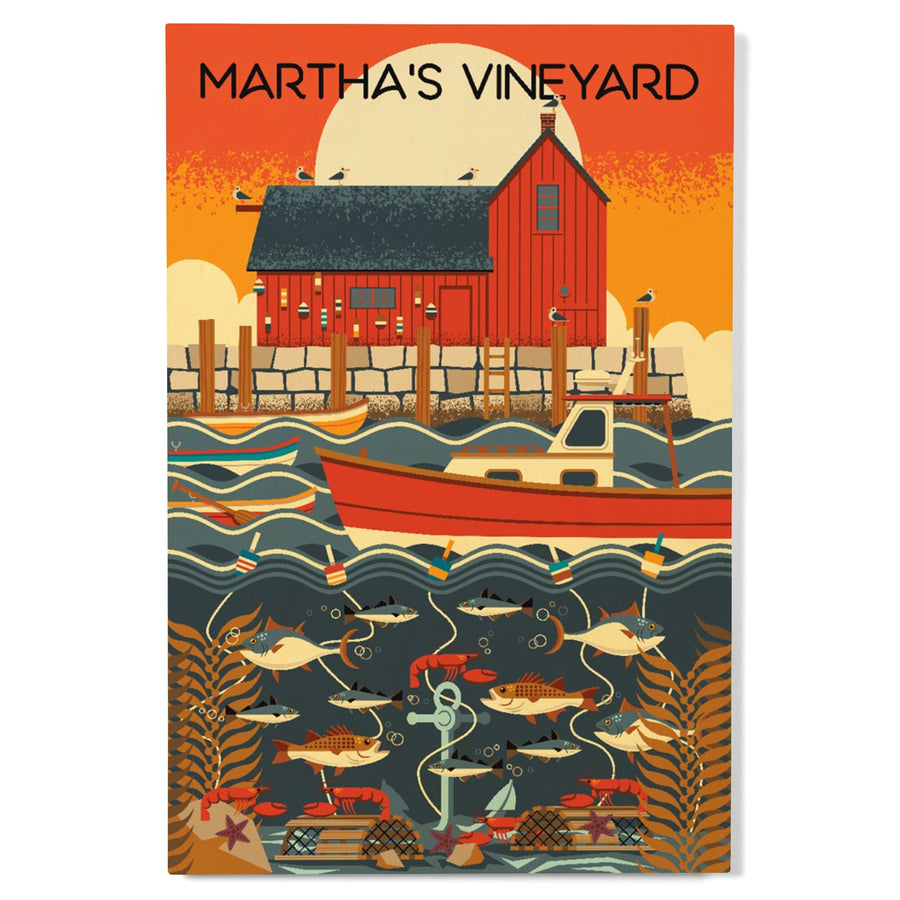 Martha's Vineyard, Massachusetts, Nautical Geometric, Lantern Press Artwork, Wood Signs and Postcards Wood Lantern Press 