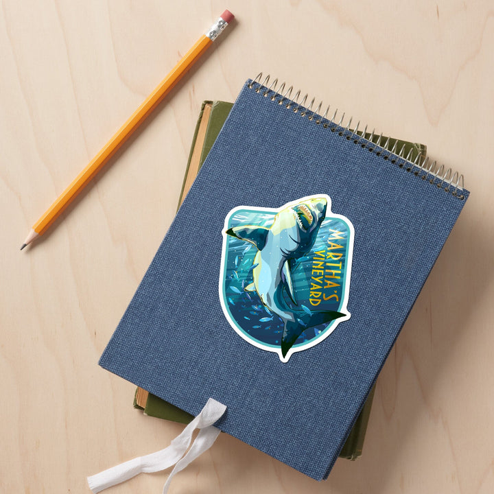 Martha's Vineyard, Massachusetts, Stylized Great White Shark, Contour, Vinyl Sticker Sticker Lantern Press 