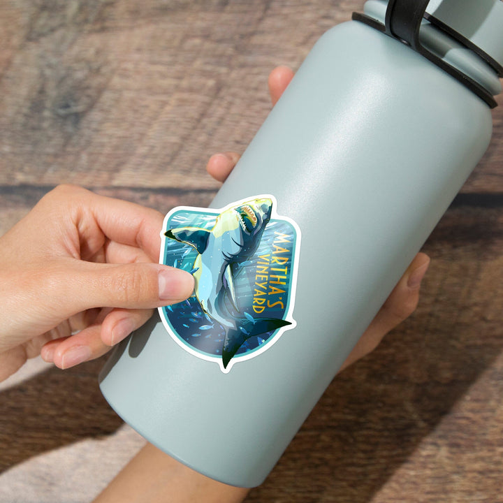 Martha's Vineyard, Massachusetts, Stylized Great White Shark, Contour, Vinyl Sticker Sticker Lantern Press 