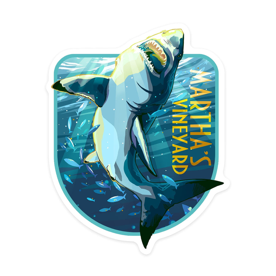 Martha's Vineyard, Massachusetts, Stylized Great White Shark, Contour, Vinyl Sticker Sticker Lantern Press 