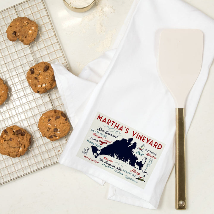 Martha's Vineyard, Massachusetts, Typography and Icons, Organic Cotton Kitchen Tea Towels Kitchen Lantern Press 