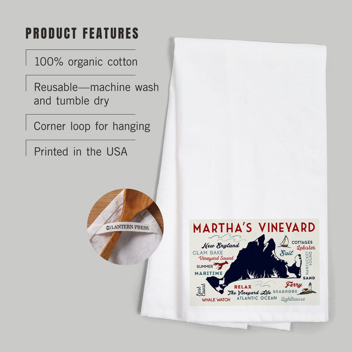 Martha's Vineyard, Massachusetts, Typography and Icons, Organic Cotton Kitchen Tea Towels Kitchen Lantern Press 