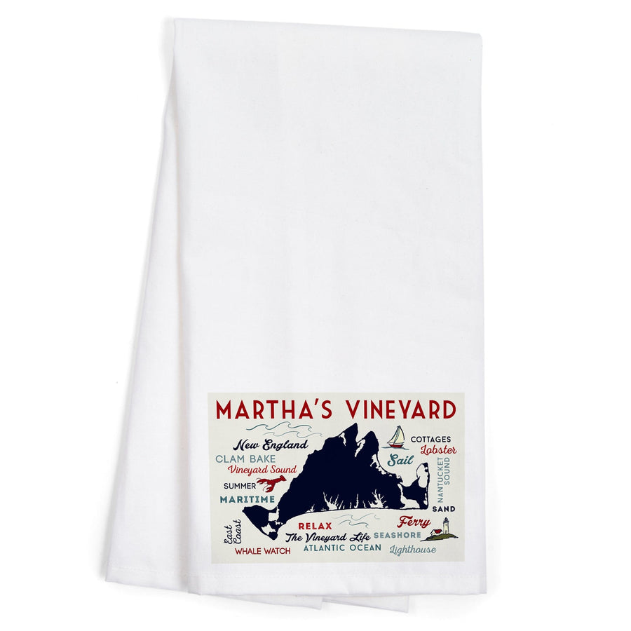 Martha's Vineyard, Massachusetts, Typography and Icons, Organic Cotton Kitchen Tea Towels Kitchen Lantern Press 