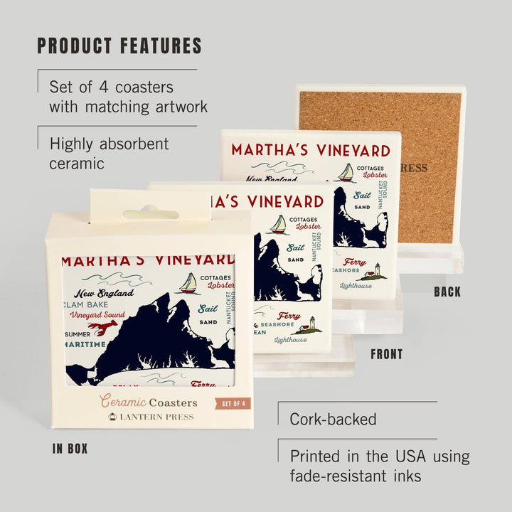 Martha's Vineyard, Massachusetts, Typography & Icons, Lantern Press Artwork, Coaster Set - Lantern Press