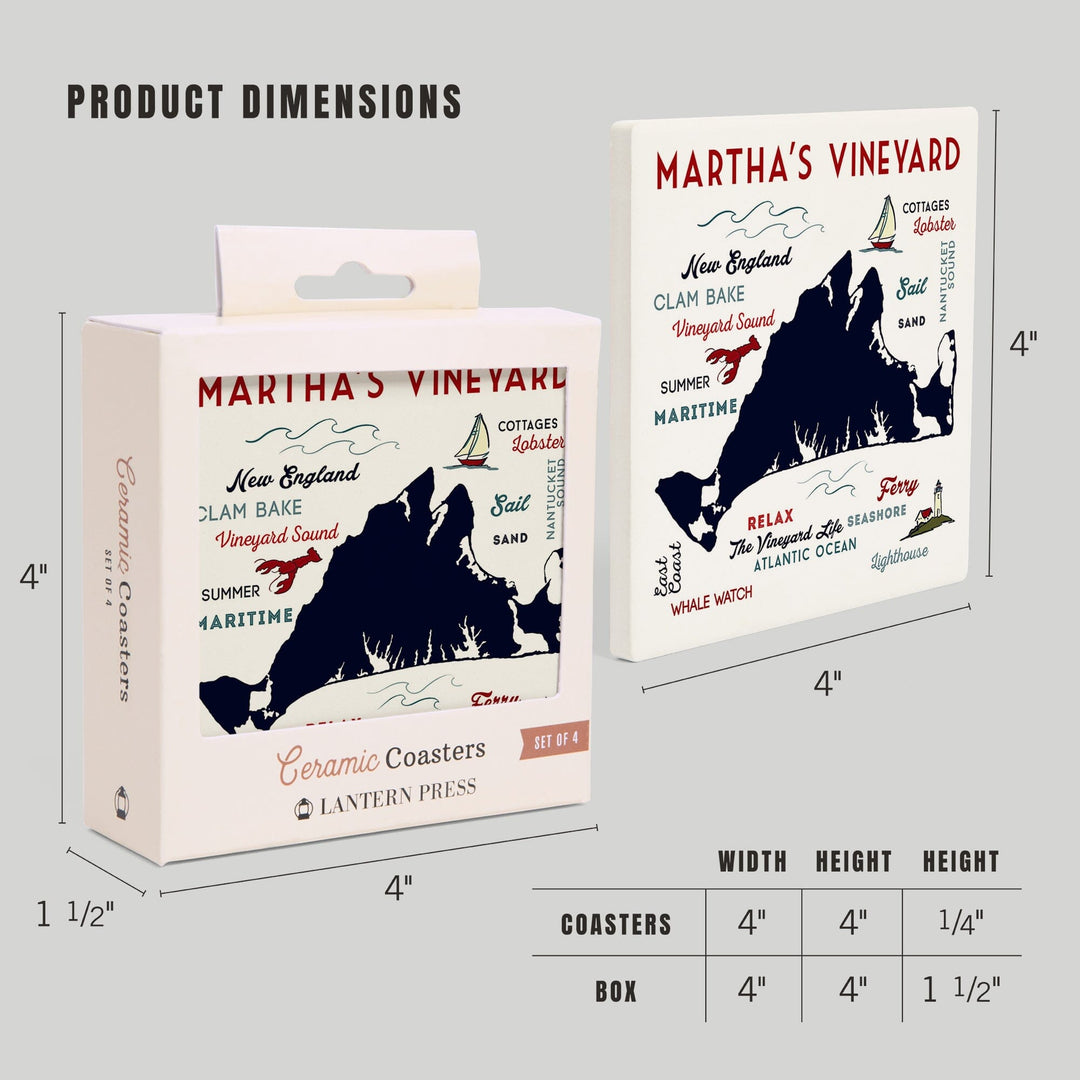 Martha's Vineyard, Massachusetts, Typography & Icons, Lantern Press Artwork, Coaster Set - Lantern Press