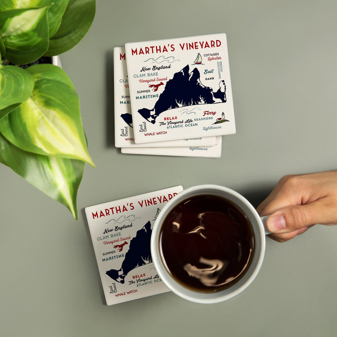 Martha's Vineyard, Massachusetts, Typography & Icons, Lantern Press Artwork, Coaster Set - Lantern Press