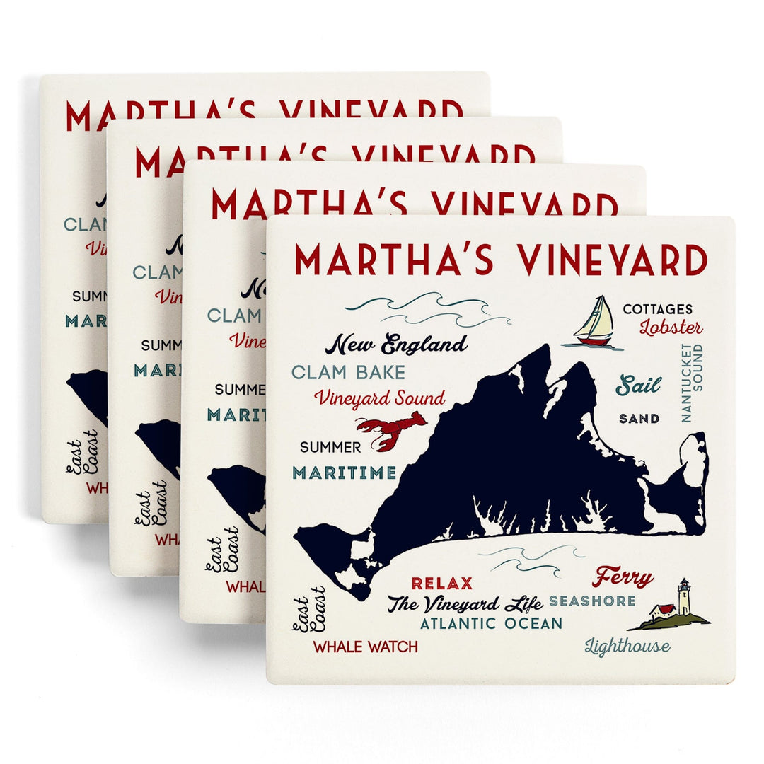 Martha's Vineyard, Massachusetts, Typography & Icons, Lantern Press Artwork, Coaster Set - Lantern Press