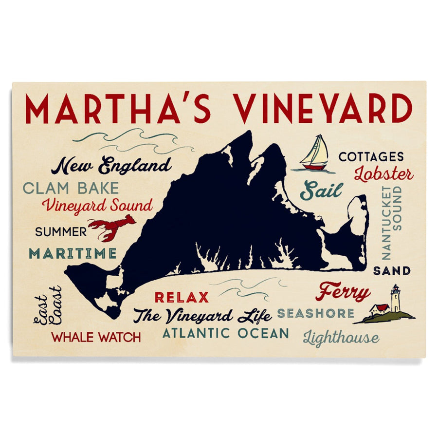 Martha's Vineyard, Massachusetts, Typography & Icons, Lantern Press Artwork, Wood Signs and Postcards Wood Lantern Press 