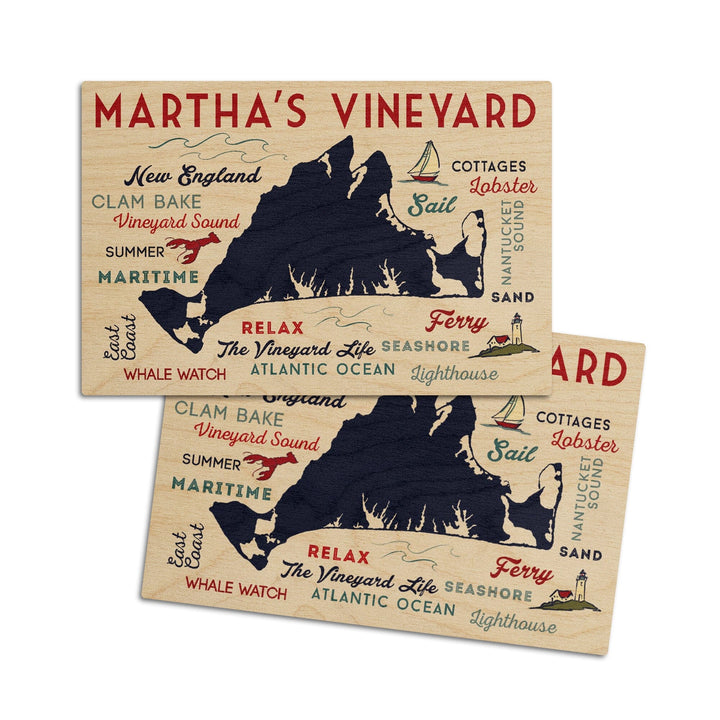 Martha's Vineyard, Massachusetts, Typography & Icons, Lantern Press Artwork, Wood Signs and Postcards Wood Lantern Press 4x6 Wood Postcard Set 