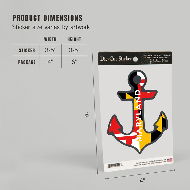 Maryland, Anchor & Flag, Contour, Lantern Press Artwork, Vinyl Sticker - Lantern Press