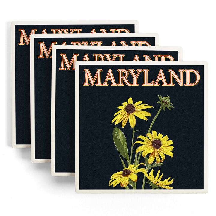 Maryland, Black Eyed Susan, Letterpress, Lantern Press Artwork, Coaster Set - Lantern Press