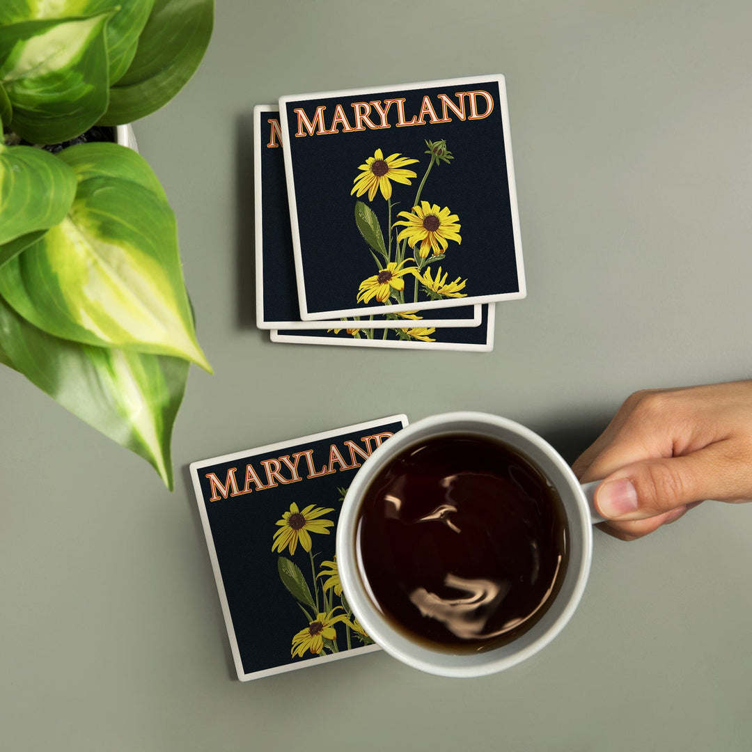 Maryland, Black Eyed Susan, Letterpress, Lantern Press Artwork, Coaster Set - Lantern Press