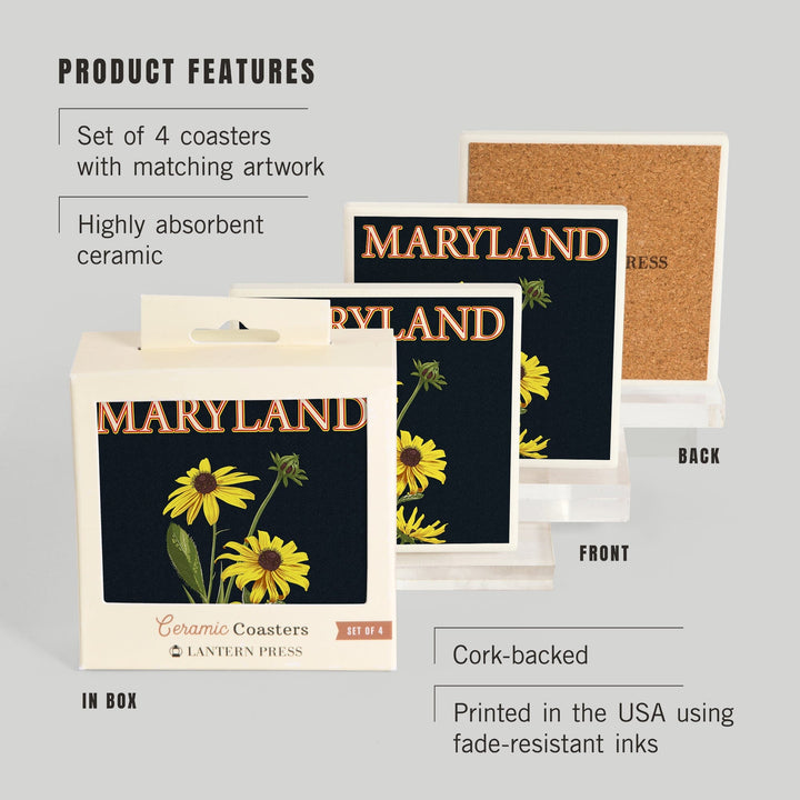 Maryland, Black Eyed Susan, Letterpress, Lantern Press Artwork, Coaster Set - Lantern Press