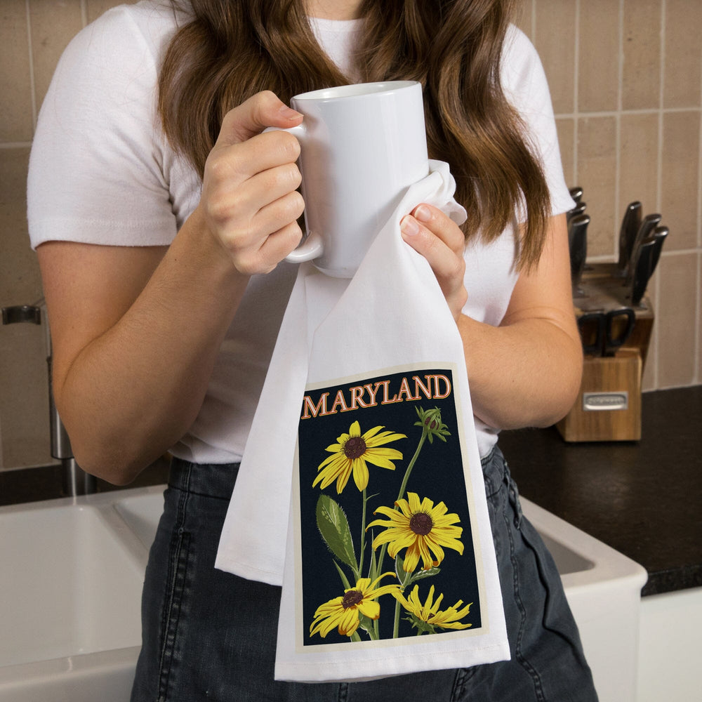 Maryland, Black Eyed Susan, Letterpress, Organic Cotton Kitchen Tea Towels Kitchen Lantern Press 