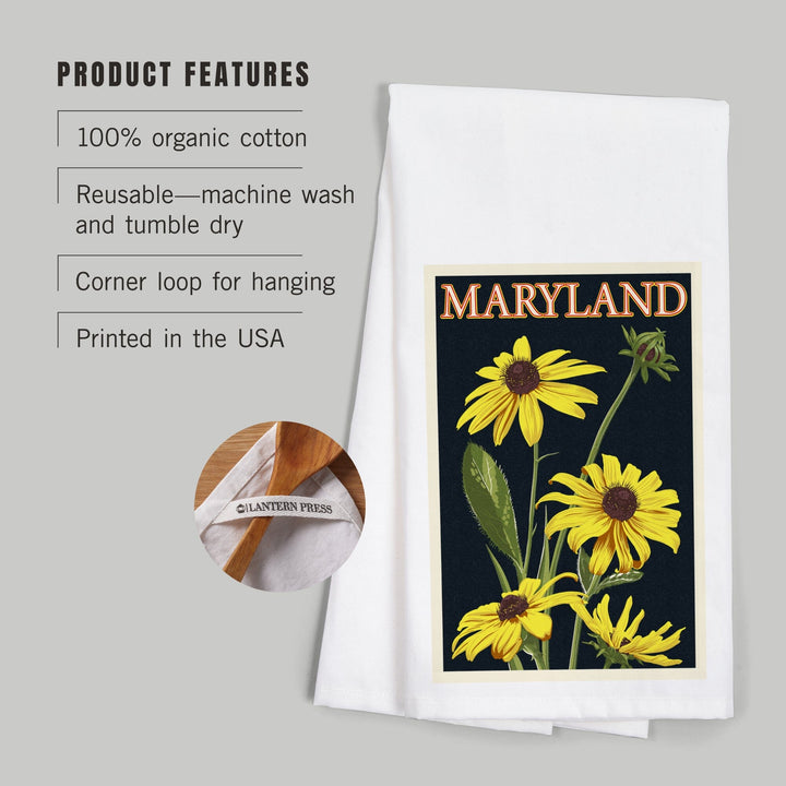 Maryland, Black Eyed Susan, Letterpress, Organic Cotton Kitchen Tea Towels Kitchen Lantern Press 