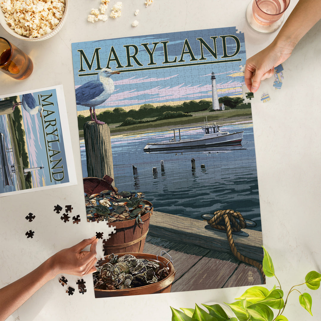 Maryland, Blue Crab and Oysters on Dock, Jigsaw Puzzle Puzzle Lantern Press 