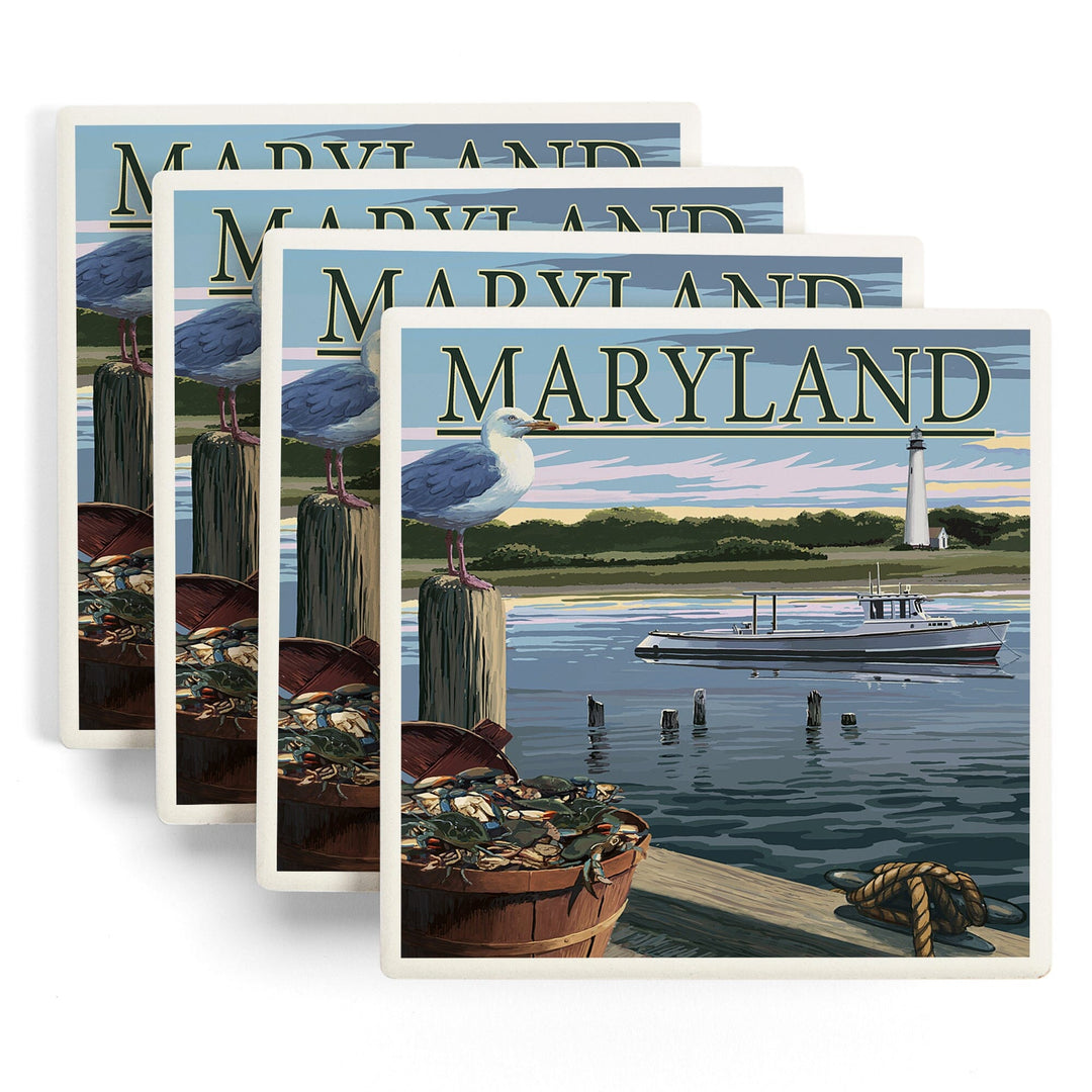 Maryland, Blue Crab & Oysters on Dock, Lantern Press Artwork, Coaster Set - Lantern Press