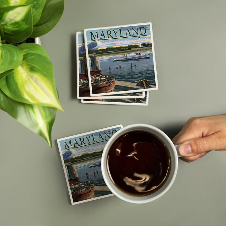 Maryland, Blue Crab & Oysters on Dock, Lantern Press Artwork, Coaster Set - Lantern Press