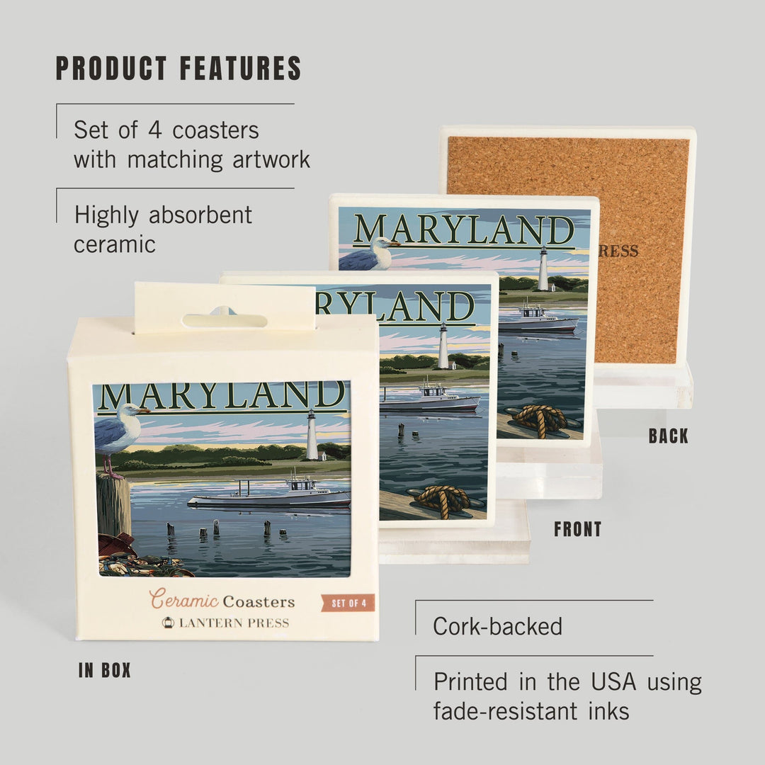 Maryland, Blue Crab & Oysters on Dock, Lantern Press Artwork, Coaster Set - Lantern Press