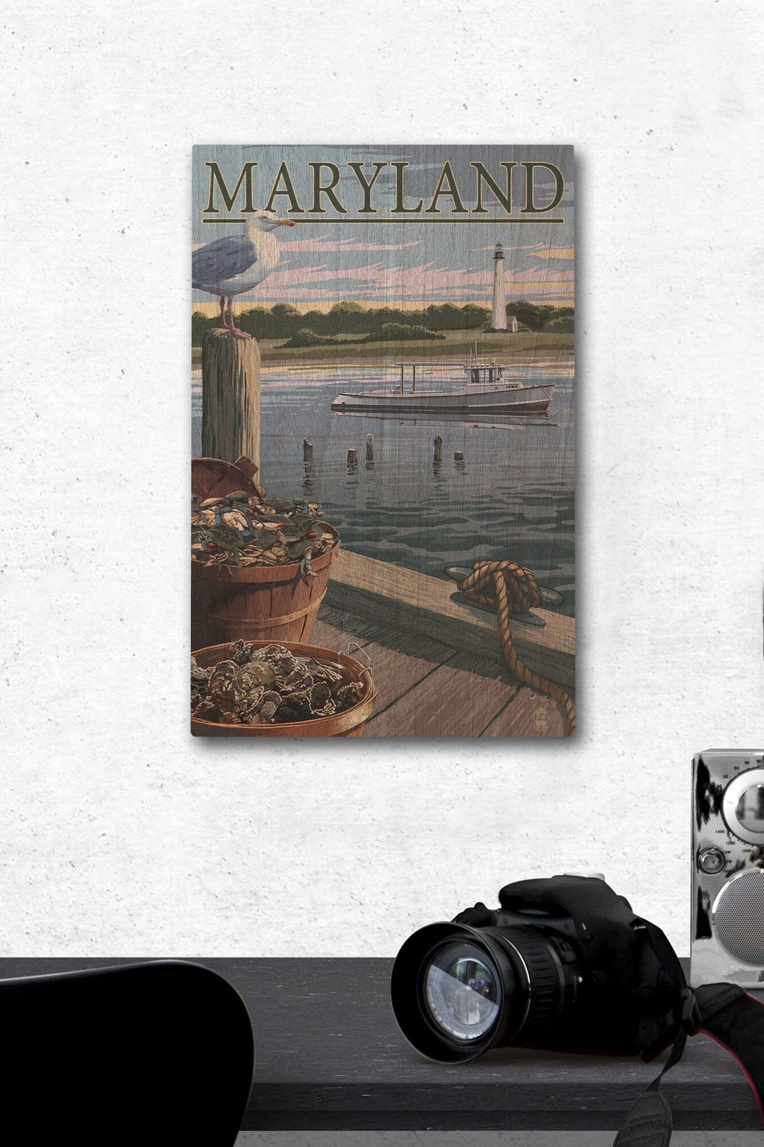 Maryland, Blue Crab & Oysters on Dock, Lantern Press Artwork, Wood Signs and Postcards Wood Lantern Press 12 x 18 Wood Gallery Print 