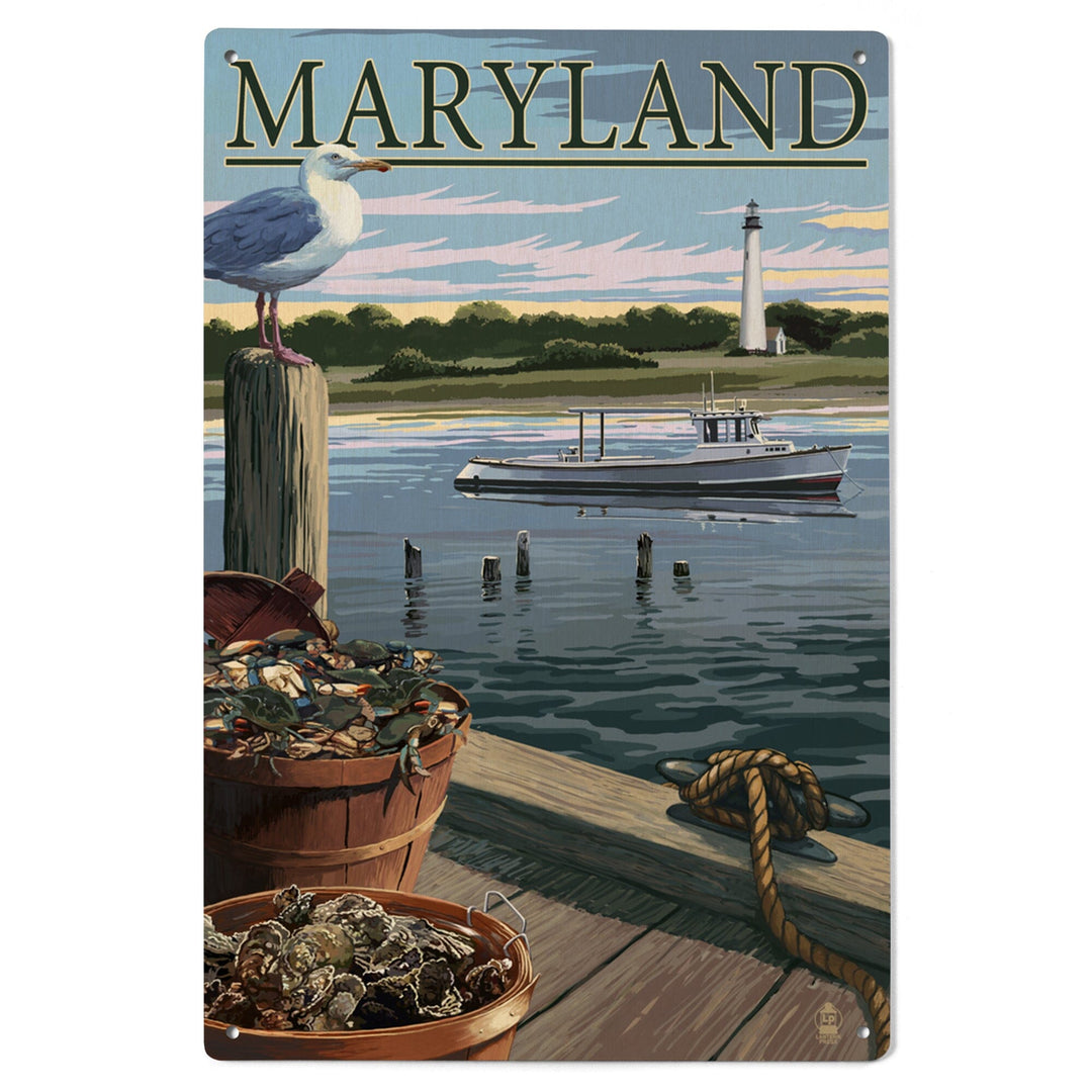 Maryland, Blue Crab & Oysters on Dock, Lantern Press Artwork, Wood Signs and Postcards Wood Lantern Press 