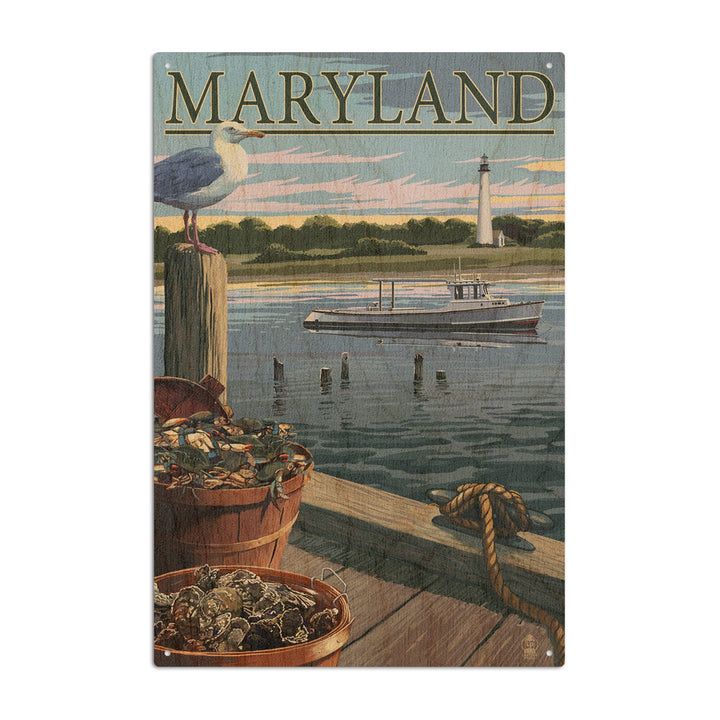 Maryland, Blue Crab & Oysters on Dock, Lantern Press Artwork, Wood Signs and Postcards Wood Lantern Press 6x9 Wood Sign 