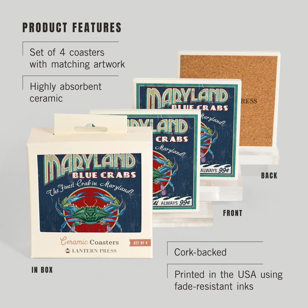 Maryland, Blue Crabs Vintage Sign, Coasters Coasters Lantern Press 