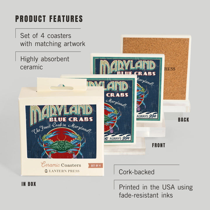 Maryland, Blue Crabs Vintage Sign, Coasters Coasters Lantern Press 