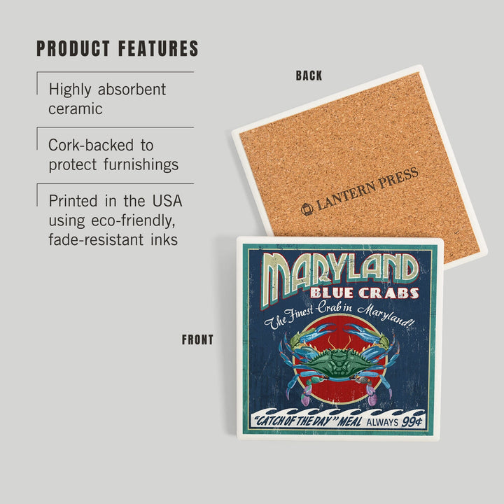 Maryland, Blue Crabs Vintage Sign, Coasters Coasters Lantern Press 