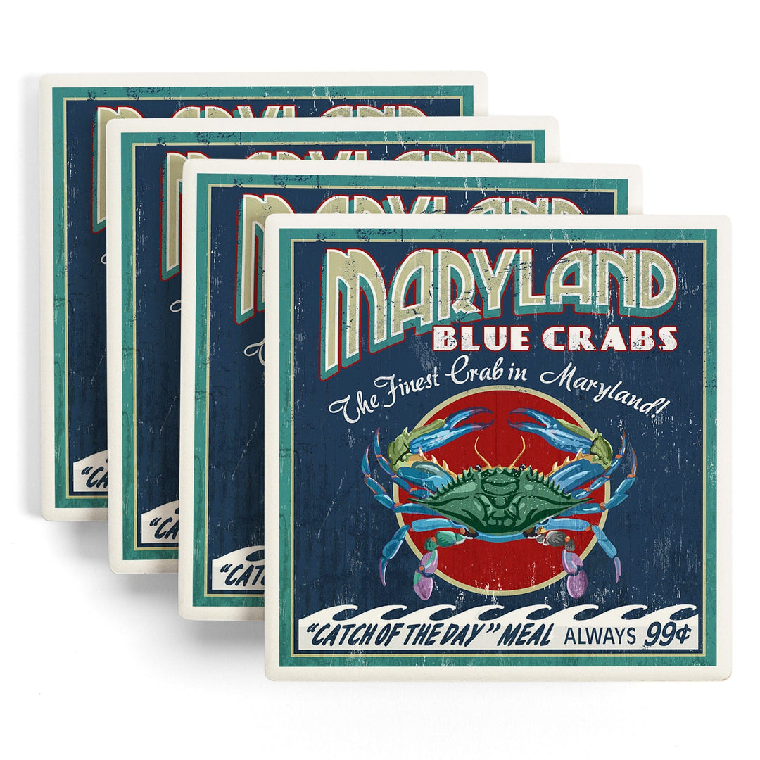 Maryland, Blue Crabs Vintage Sign, Coasters Coasters Lantern Press 