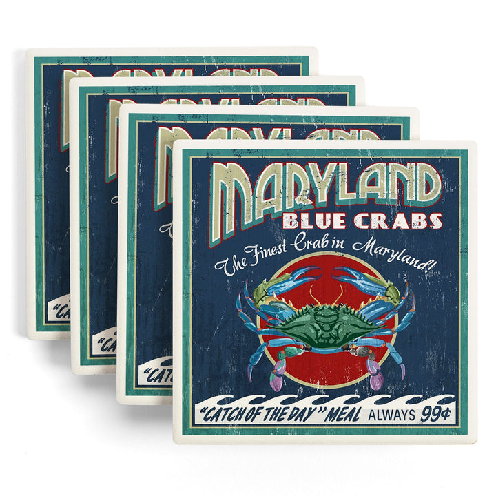 Maryland, Blue Crabs Vintage Sign, Coasters Coasters Lantern Press 
