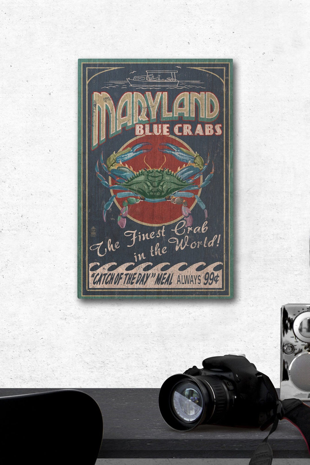 Maryland, Blue Crabs Vintage Sign, Lantern Press Artwork, Wood Signs and Postcards Wood Lantern Press 12 x 18 Wood Gallery Print 