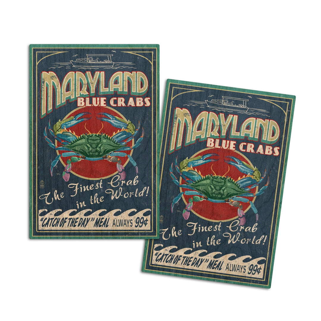 Maryland, Blue Crabs Vintage Sign, Lantern Press Artwork, Wood Signs and Postcards Wood Lantern Press 4x6 Wood Postcard Set 
