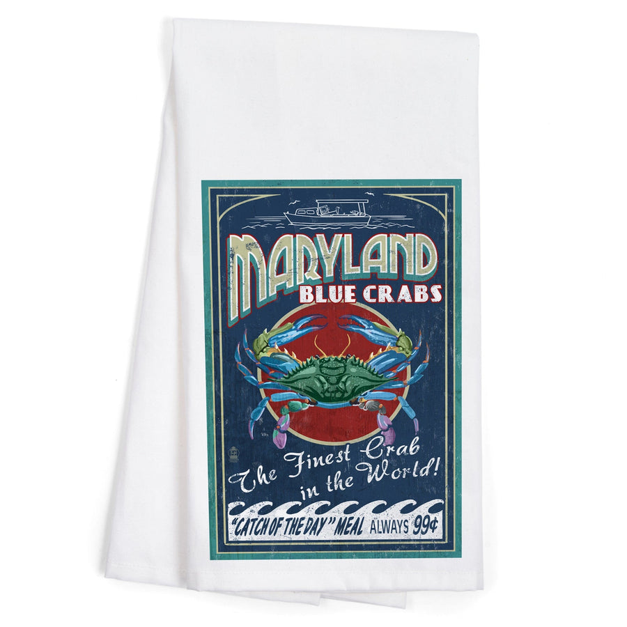 Maryland, Blue Crabs Vintage Sign, Organic Cotton Kitchen Tea Towels Kitchen Lantern Press 