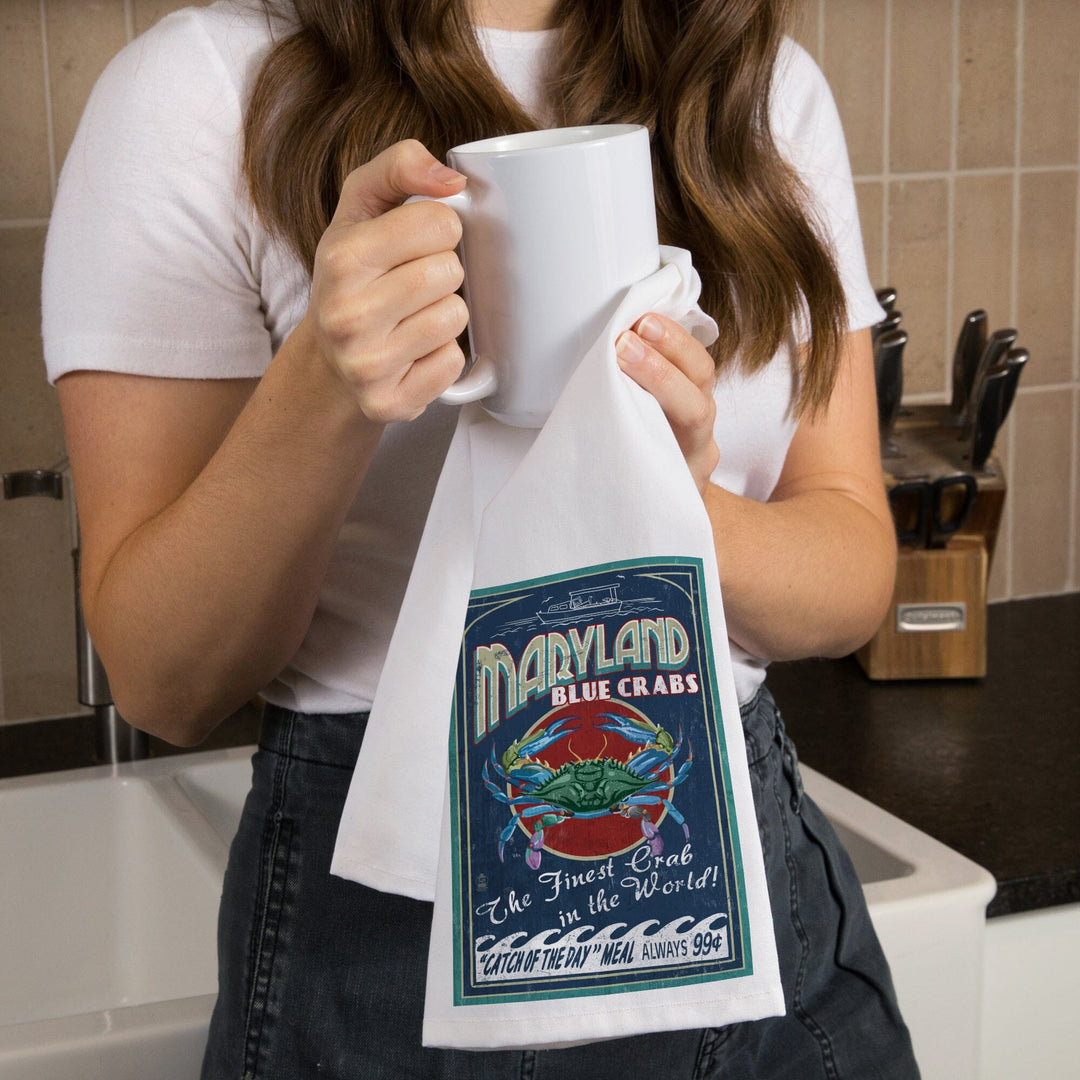Maryland, Blue Crabs Vintage Sign, Organic Cotton Kitchen Tea Towels Kitchen Lantern Press 