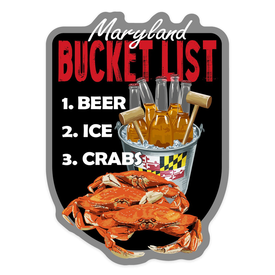 Maryland, Bucket List, Beer and Crabs, Contour, Vinyl Sticker Sticker Lantern Press 