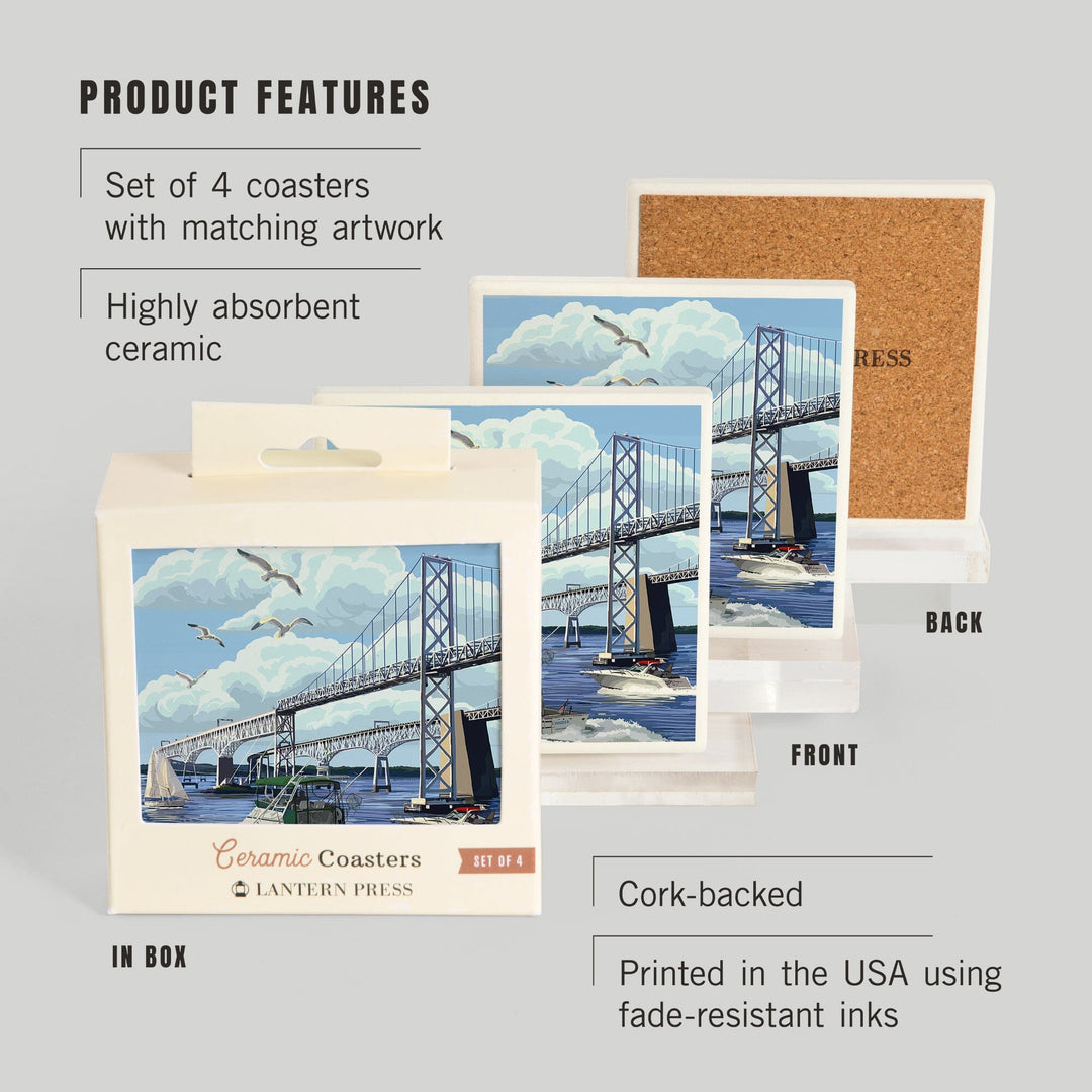 Maryland, Chesapeake Bay Bridge, Lantern Press Artwork, Coaster Set - Lantern Press