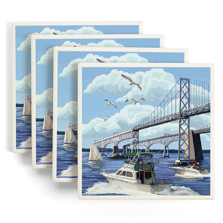 Maryland, Chesapeake Bay Bridge, Lantern Press Artwork, Coaster Set - Lantern Press