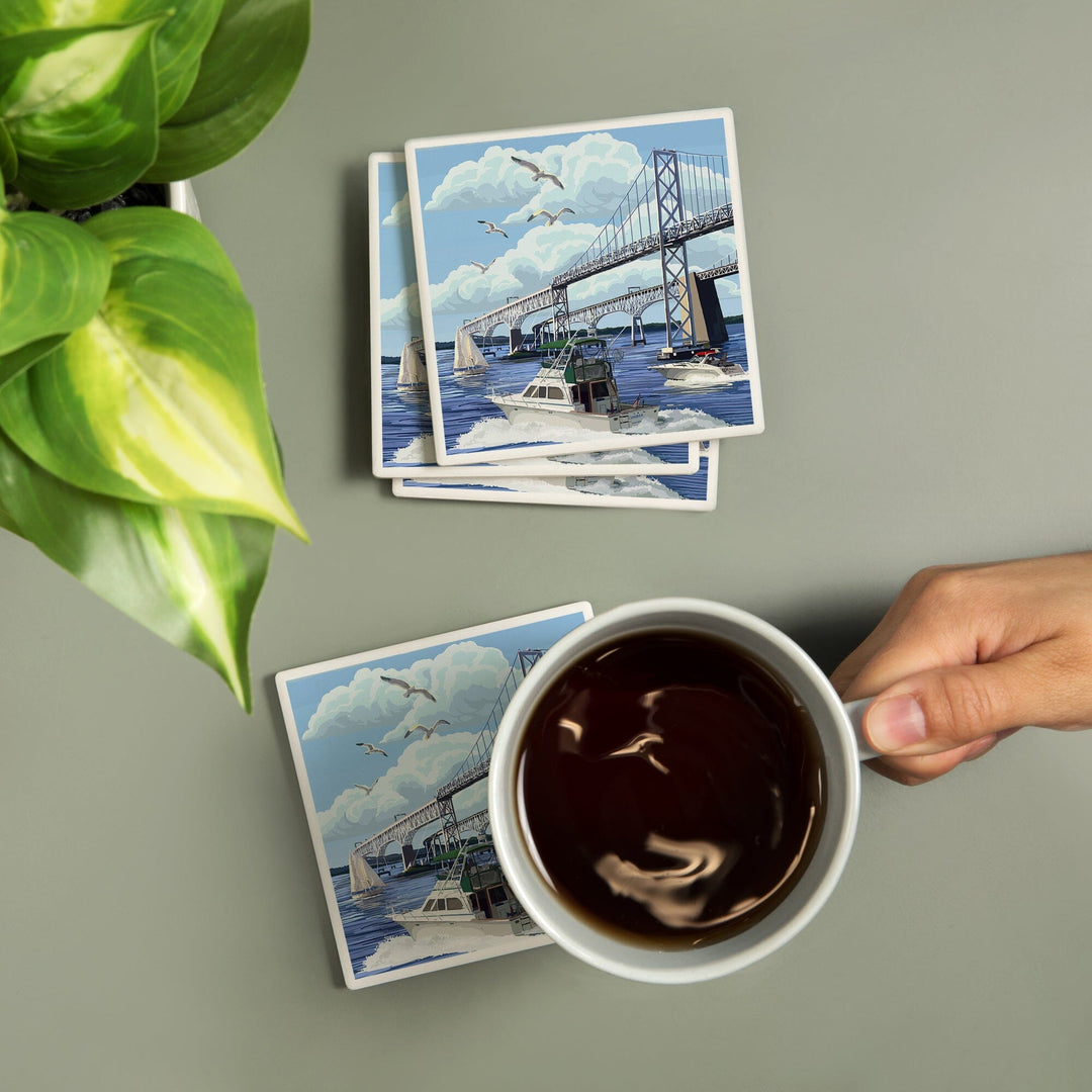 Maryland, Chesapeake Bay Bridge, Lantern Press Artwork, Coaster Set - Lantern Press