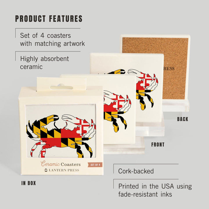 Maryland, Crab Flag (white background), Lantern Press Artwork, Coaster Set - Lantern Press