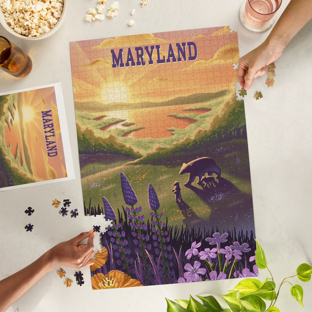Maryland, Lithograph, Bear and Spring Flowers, Lake, Jigsaw Puzzle Puzzle Lantern Press 