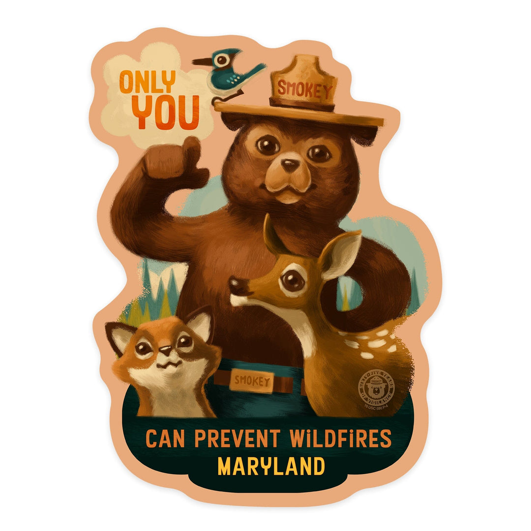 Maryland, Oil Painting, Only You, Smokey Bear, Contour, Vinyl Sticker Sticker Lantern Press 