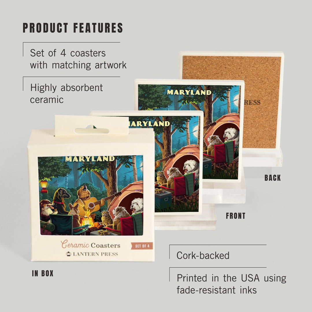 Maryland, Painterly, Pack Life, Dogs Around Campfire, Coasters Coasters Lantern Press 