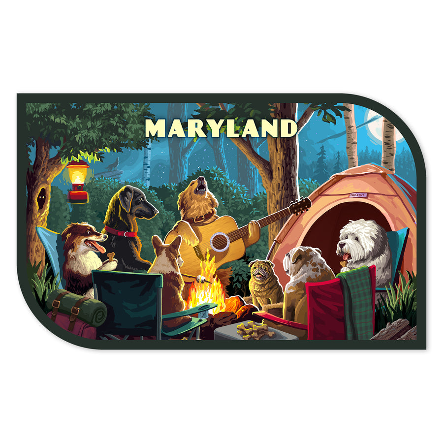 Maryland, Painterly, Pack Life, Dogs Around Campfire, Vinyl Sticker Sticker Lantern Press 