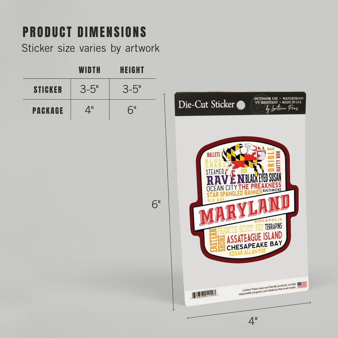 Maryland, Typography, Contour, Vinyl Sticker Sticker Lantern Press 