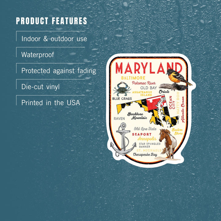 Maryland, Typography & Icons, Contour, Lantern Press Artwork, Vinyl Sticker Sticker Lantern Press 