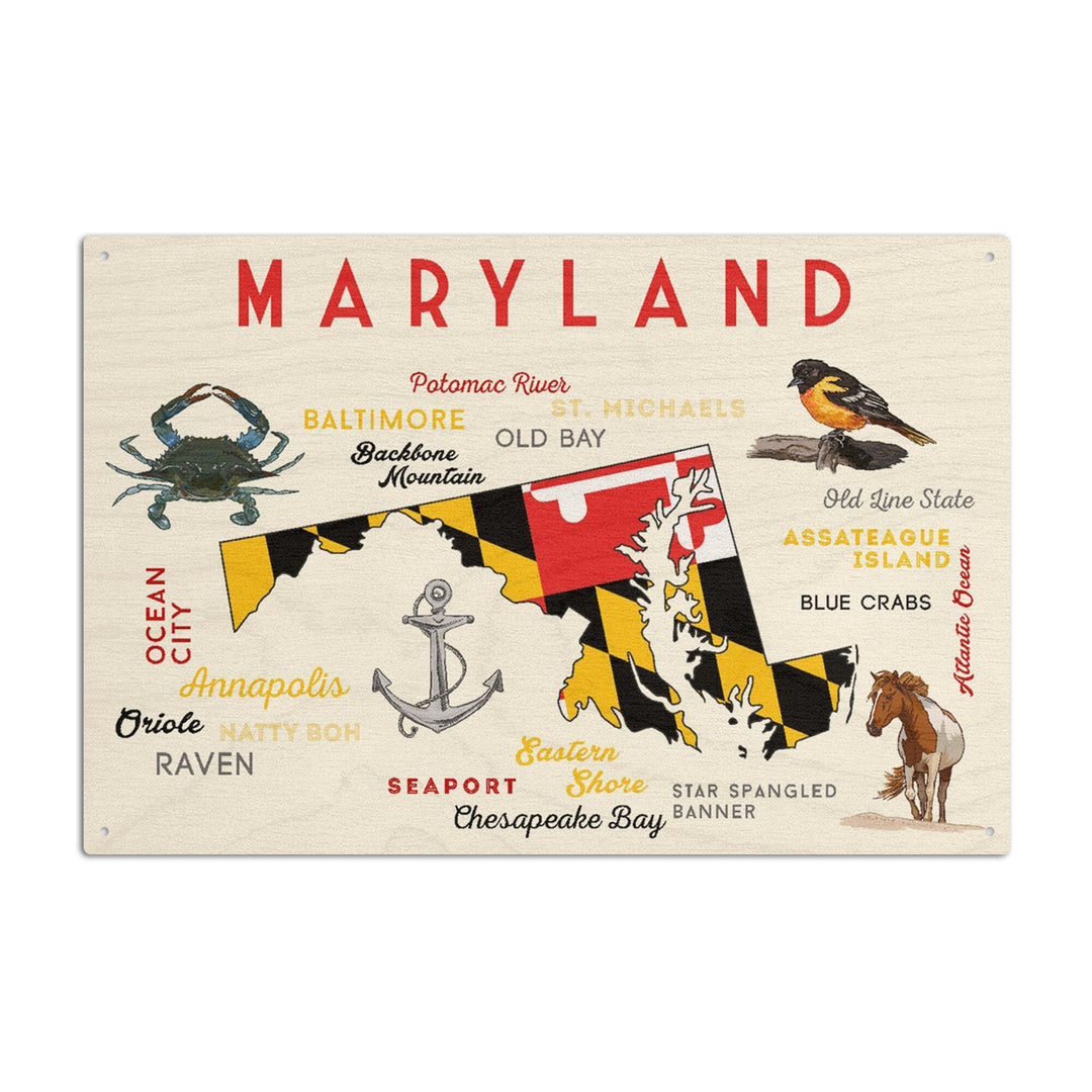 Maryland, Typography & Icons, Lantern Press Artwork, Wood Signs and Postcards Wood Lantern Press 10 x 15 Wood Sign 