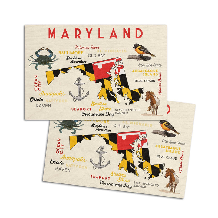 Maryland, Typography & Icons, Lantern Press Artwork, Wood Signs and Postcards Wood Lantern Press 4x6 Wood Postcard Set 
